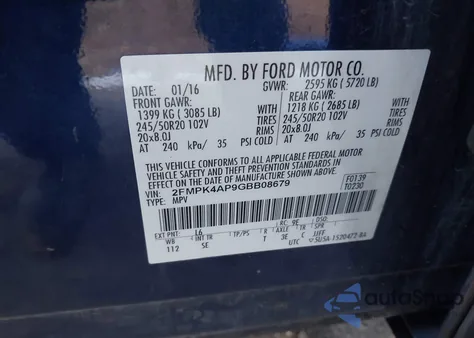 2016 Ford Edge Sport из США, поврежденный, VIN 2FMPK4AP9GBB08679